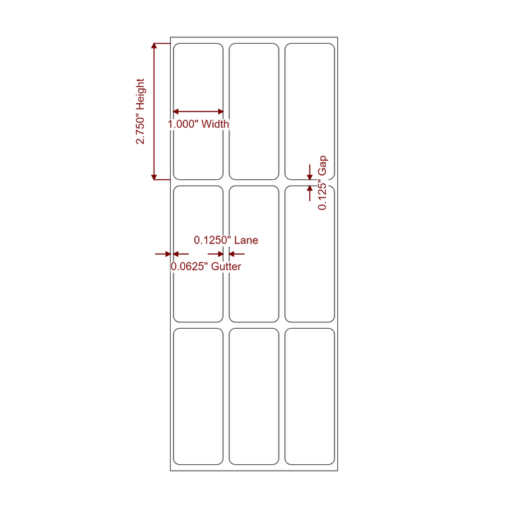 1 Inch x 2.75 Inch Rectangle Inkjet Label Roll - 3Up - 2D Drawing