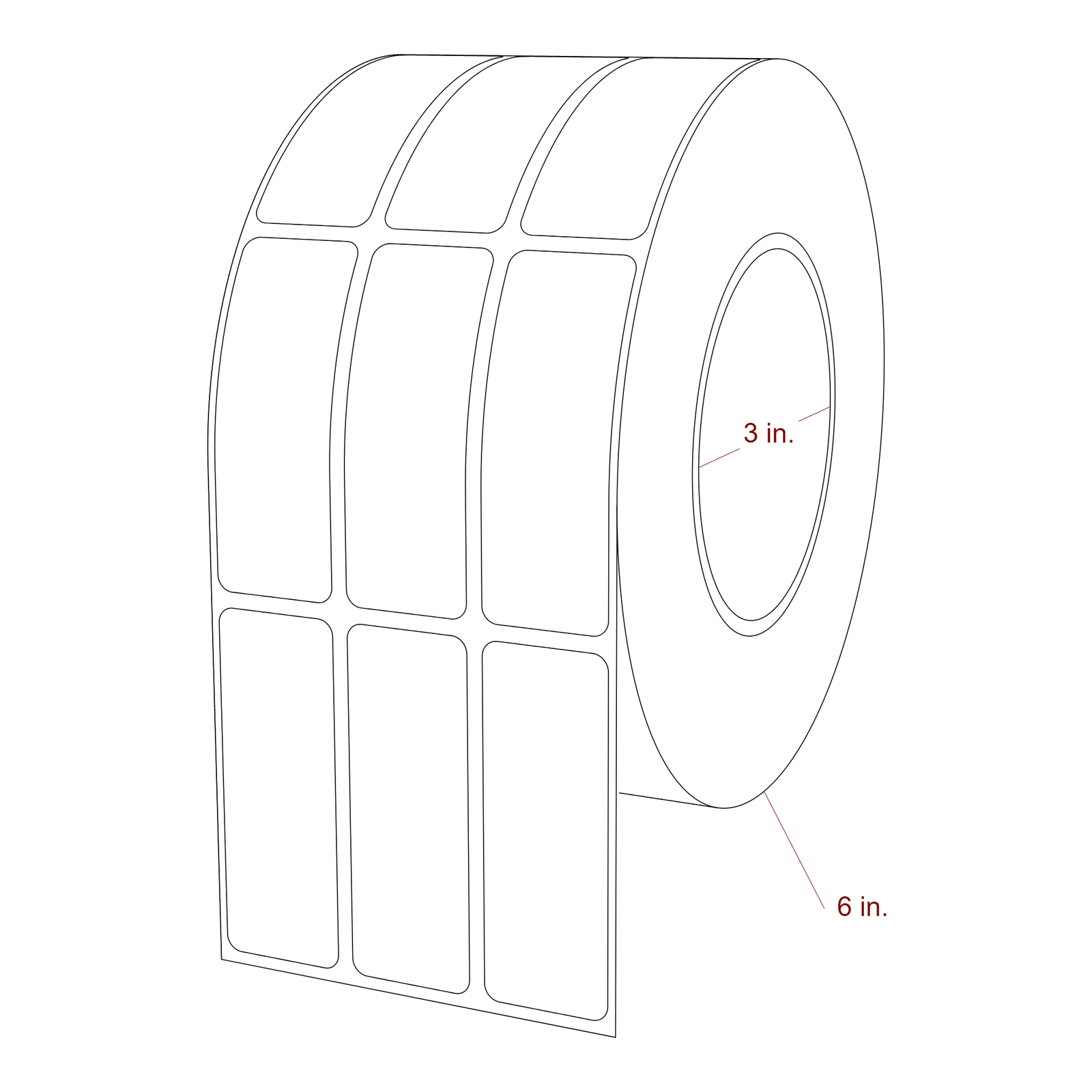 1 Inch x 2.75 Inch Rectangle Inkjet Label Roll - 3 Inch Core - 6 Inch Roll OD - 3Up - 3D Perspective
