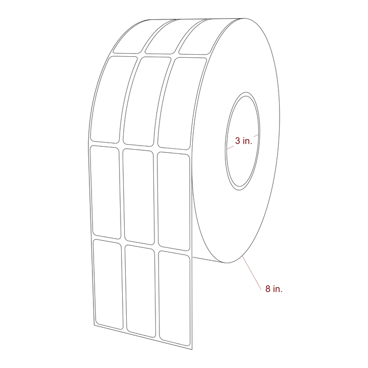 1 Inch x 2.75 Inch Rectangle Inkjet Label Roll - 3 Inch Core - 8 Inch Roll OD - 3Up - 3D Perspective