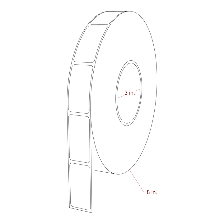1 Inch x 2 Inch Rectangle Inkjet Label Roll - 3 Inch Core - 8 Inch Roll OD - 3D Perspective