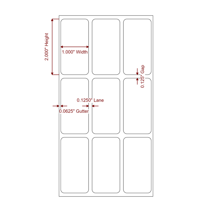 1 Inch x 2 Inch Rectangle Inkjet Label Roll - 3Up - 2D Drawing