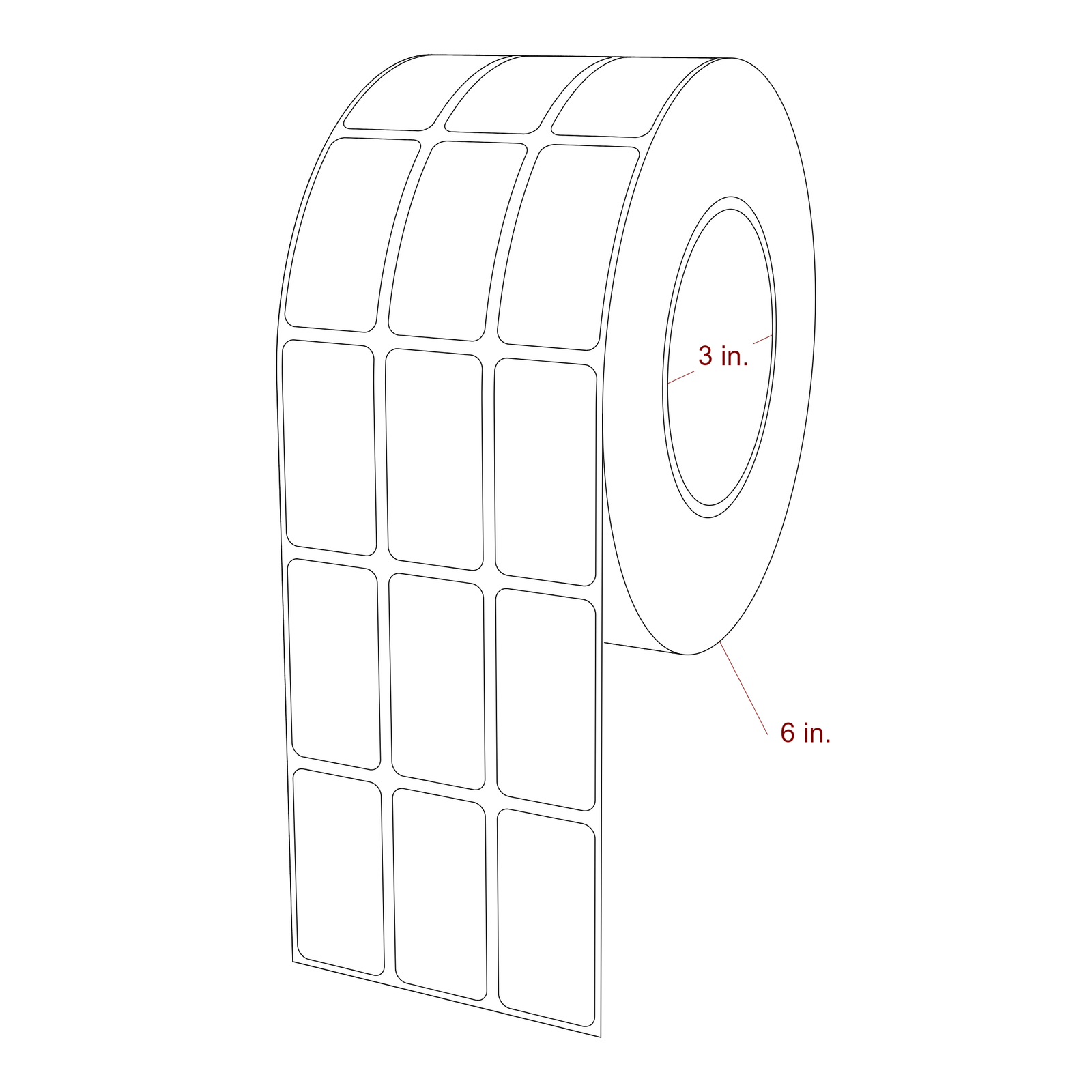 1 Inch x 2 Inch Rectangle Inkjet Label Roll - 3 Inch Core - 6 Inch Roll OD - 3Up - 3D Perspective