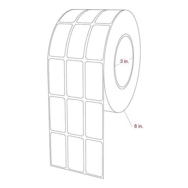 1 Inch x 2 Inch Rectangle Inkjet Label Roll - 3 Inch Core - 6 Inch Roll OD - 3Up - 3D Perspective