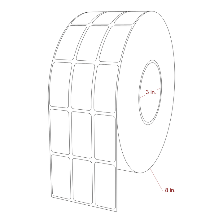 1 Inch x 2 Inch Rectangle Inkjet Label Roll - 3 Inch Core - 8 Inch Roll OD - 3Up - 3D Perspective
