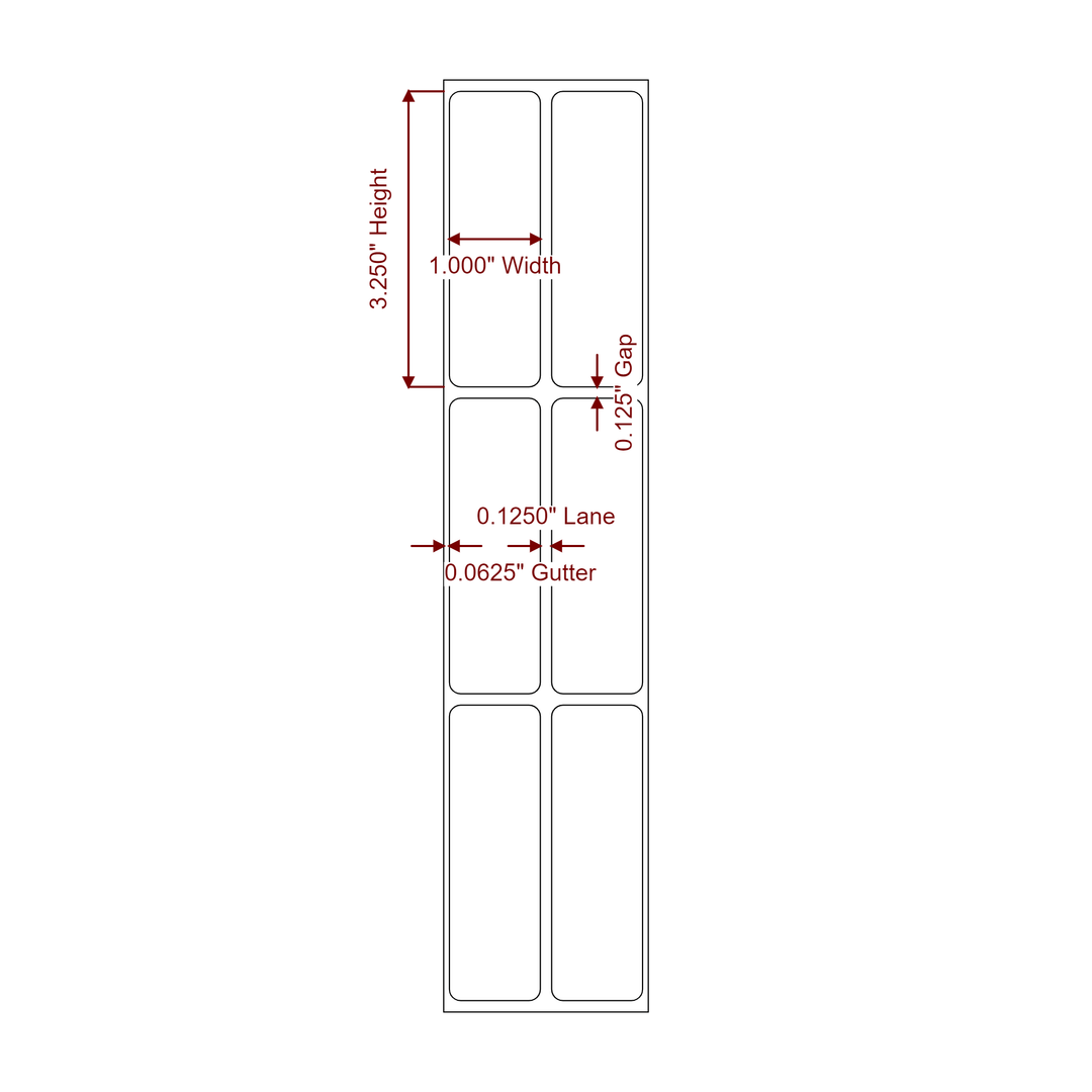 1 Inch x 3.25 Inch Rectangle Inkjet Label Roll - 2Up - 2D Drawing