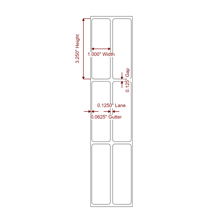 1 Inch x 3.25 Inch Rectangle Inkjet Label Roll - 2Up - 2D Drawing