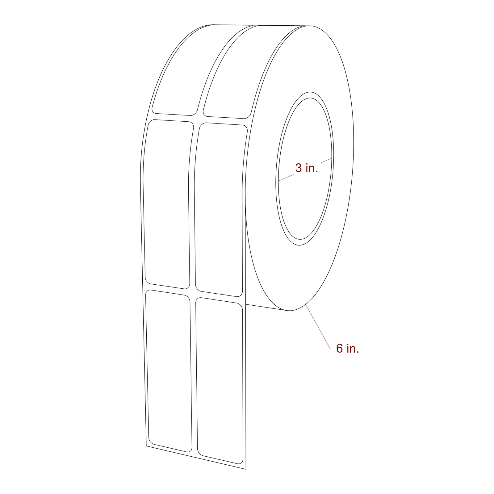 1 Inch x 3.25 Inch Rectangle Inkjet Label Roll - 3 Inch Core - 6 Inch Roll OD - 2Up - 3D Perspective