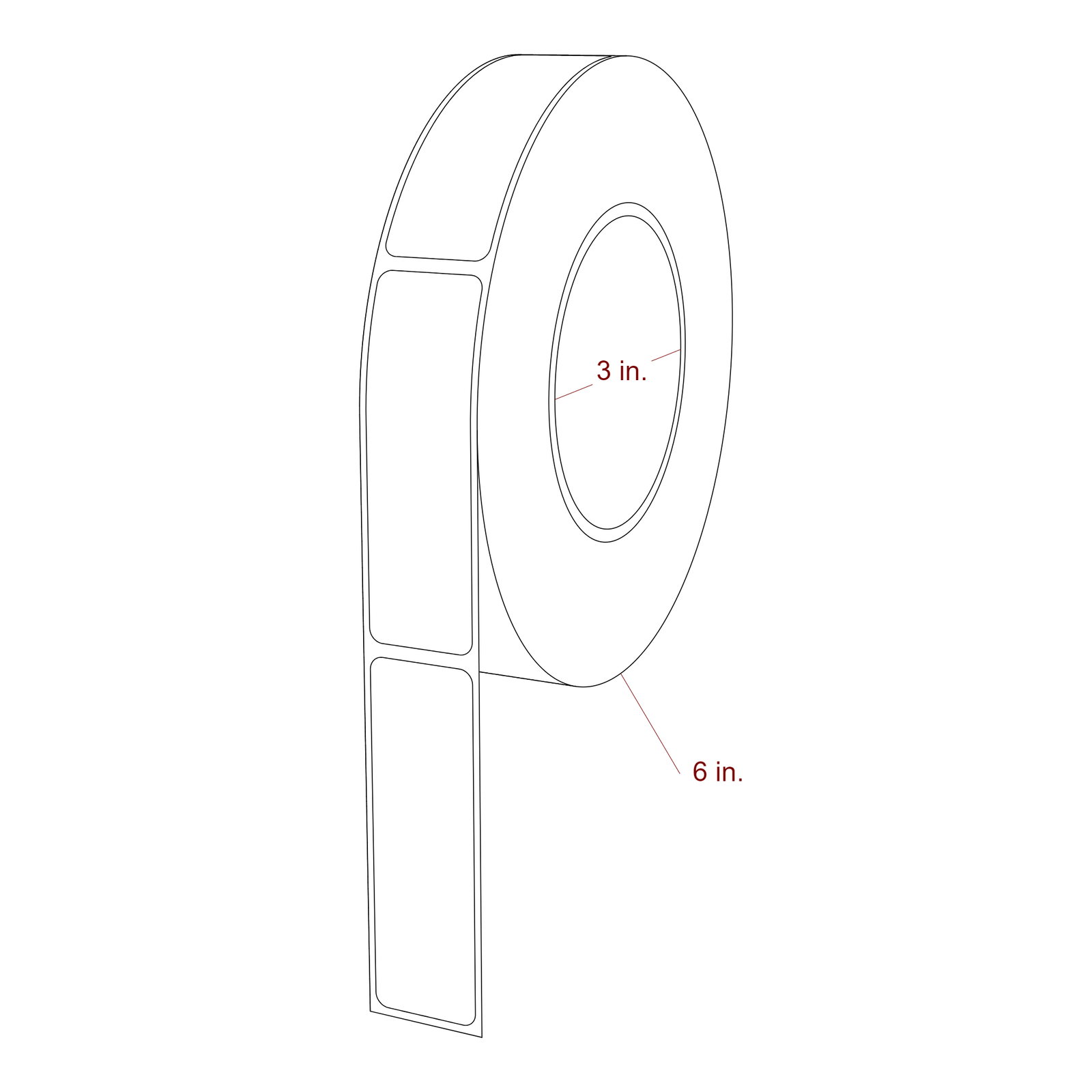 1 Inch x 3.25 Inch Rectangle Inkjet Label Roll - 3 Inch Core - 6 Inch Roll OD - 3D Perspective