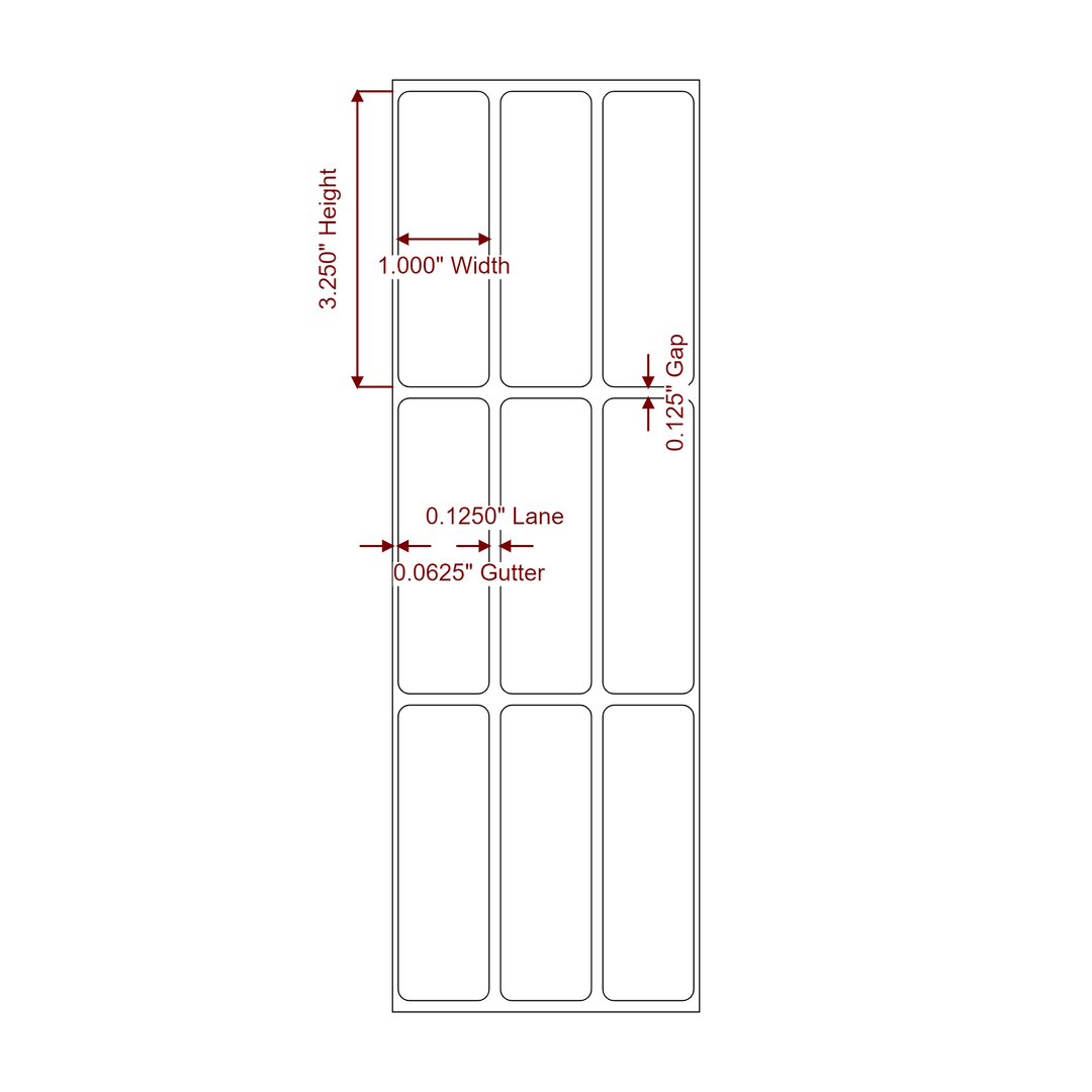 1 Inch x 3.25 Inch Rectangle Inkjet Label Roll - 3Up - 2D Drawing