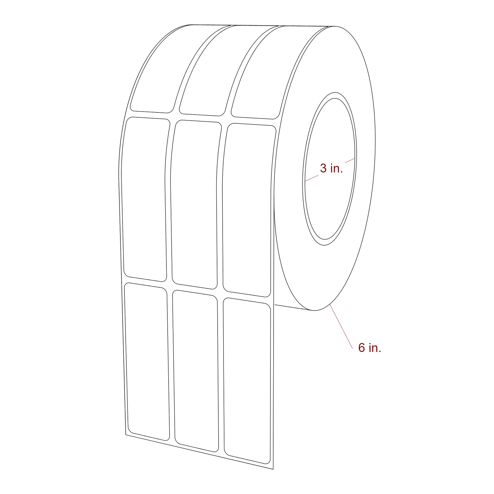 1 Inch x 3.25 Inch Rectangle Inkjet Label Roll - 3 Inch Core - 6 Inch Roll OD - 3Up - 3D Perspective
