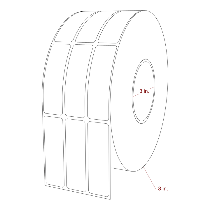 1 Inch x 3.25 Inch Rectangle Inkjet Label Roll - 3 Inch Core - 8 Inch Roll OD - 3Up - 3D Perspective