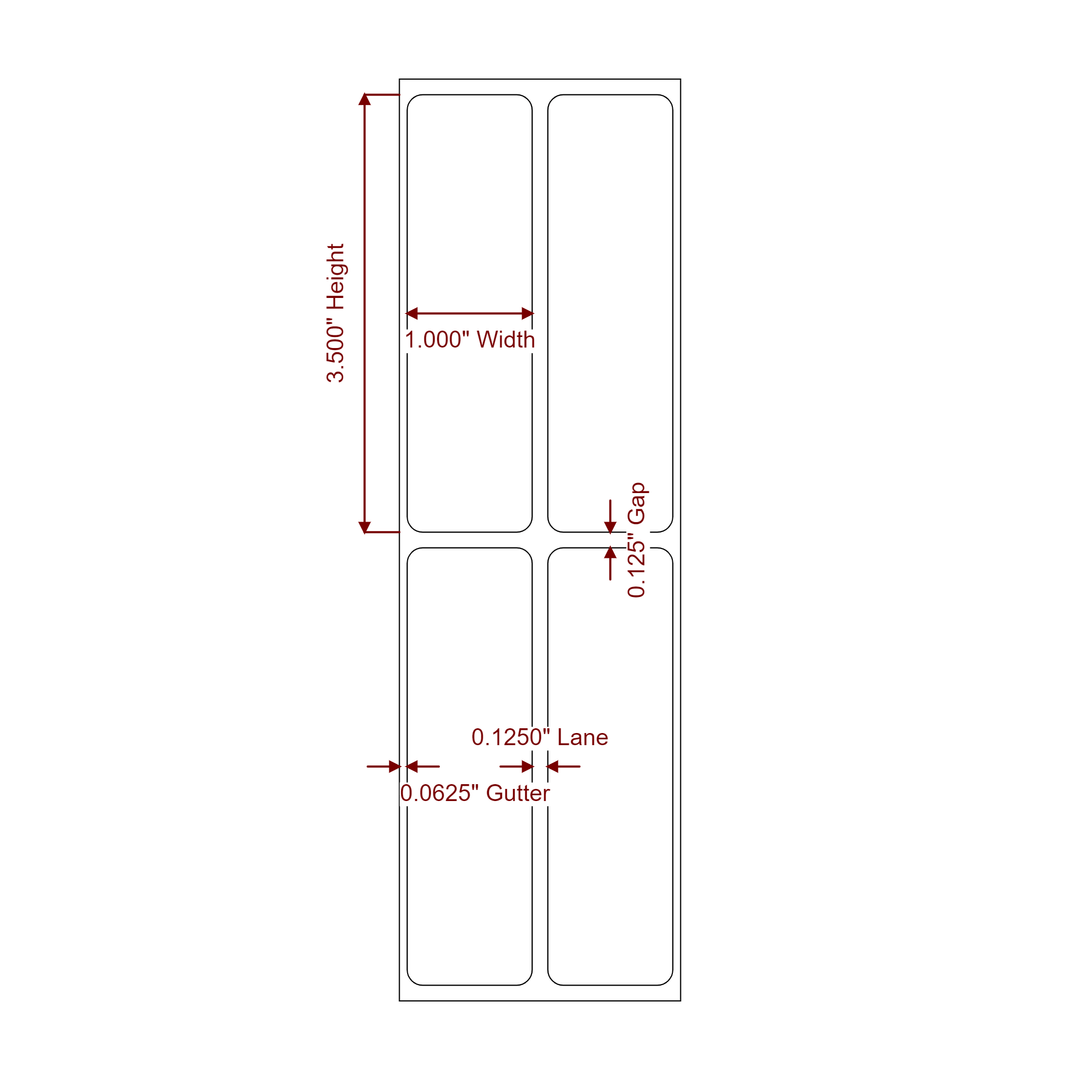 1 Inch x 3.5 Inch Rectangle Inkjet Label Roll - 2Up - 2D Drawing