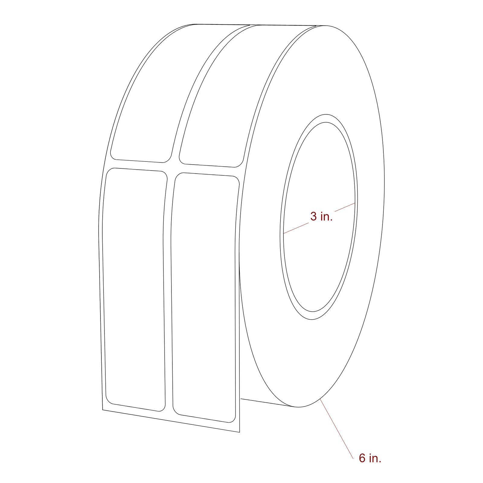 1 Inch x 3.5 Inch Rectangle Inkjet Label Roll - 3 Inch Core - 6 Inch Roll OD - 2Up - 3D Perspective