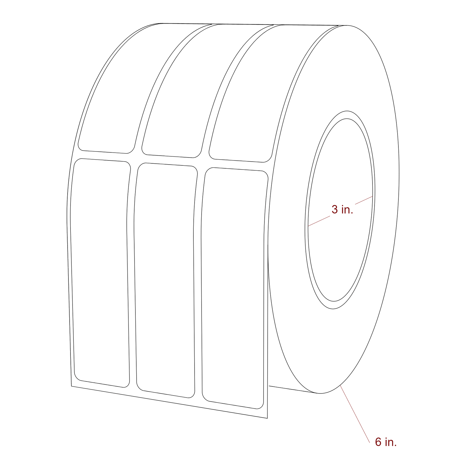 1 Inch x 3.5 Inch Rectangle Inkjet Label Roll - 3 Inch Core - 6 Inch Roll OD - 3Up - 3D Perspective