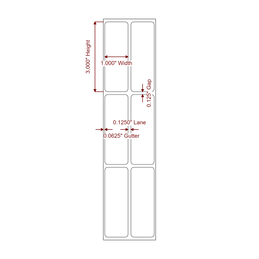 1 Inch x 3 Inch Rectangle Inkjet Label Roll - 2Up - 2D Drawing