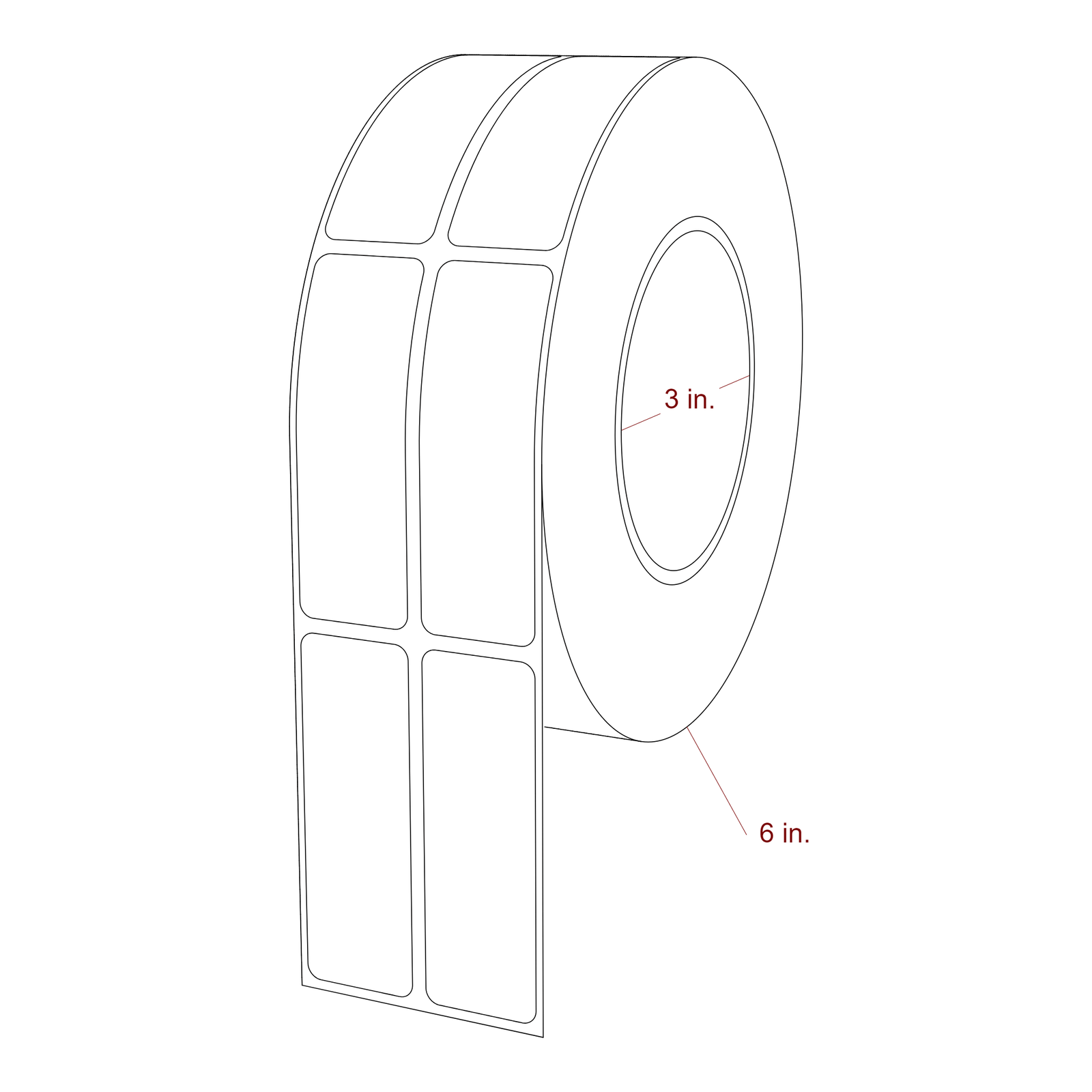 1 Inch x 3 Inch Rectangle Inkjet Label Roll - 3 Inch Core - 6 Inch Roll OD - 2Up - 3D Perspective