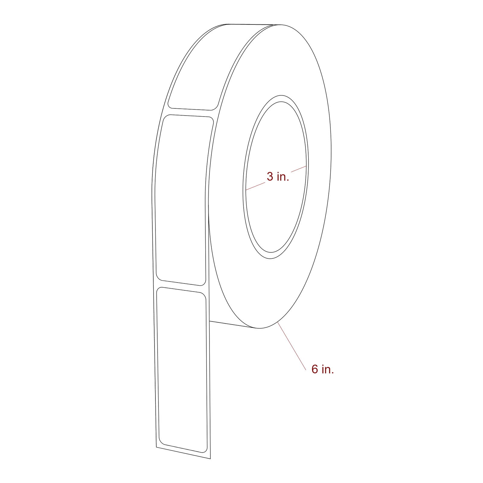 1 Inch x 3 Inch Rectangle Inkjet Label Roll - 3 Inch Core - 6 Inch Roll OD - 3D Perspective