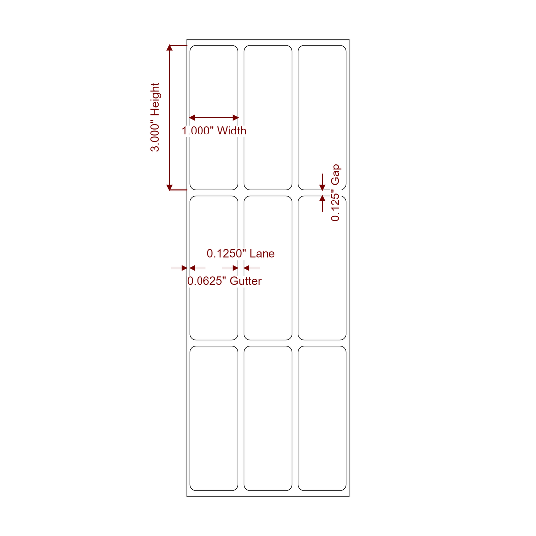 1 Inch x 3 Inch Rectangle Inkjet Label Roll - 3Up - 2D Drawing