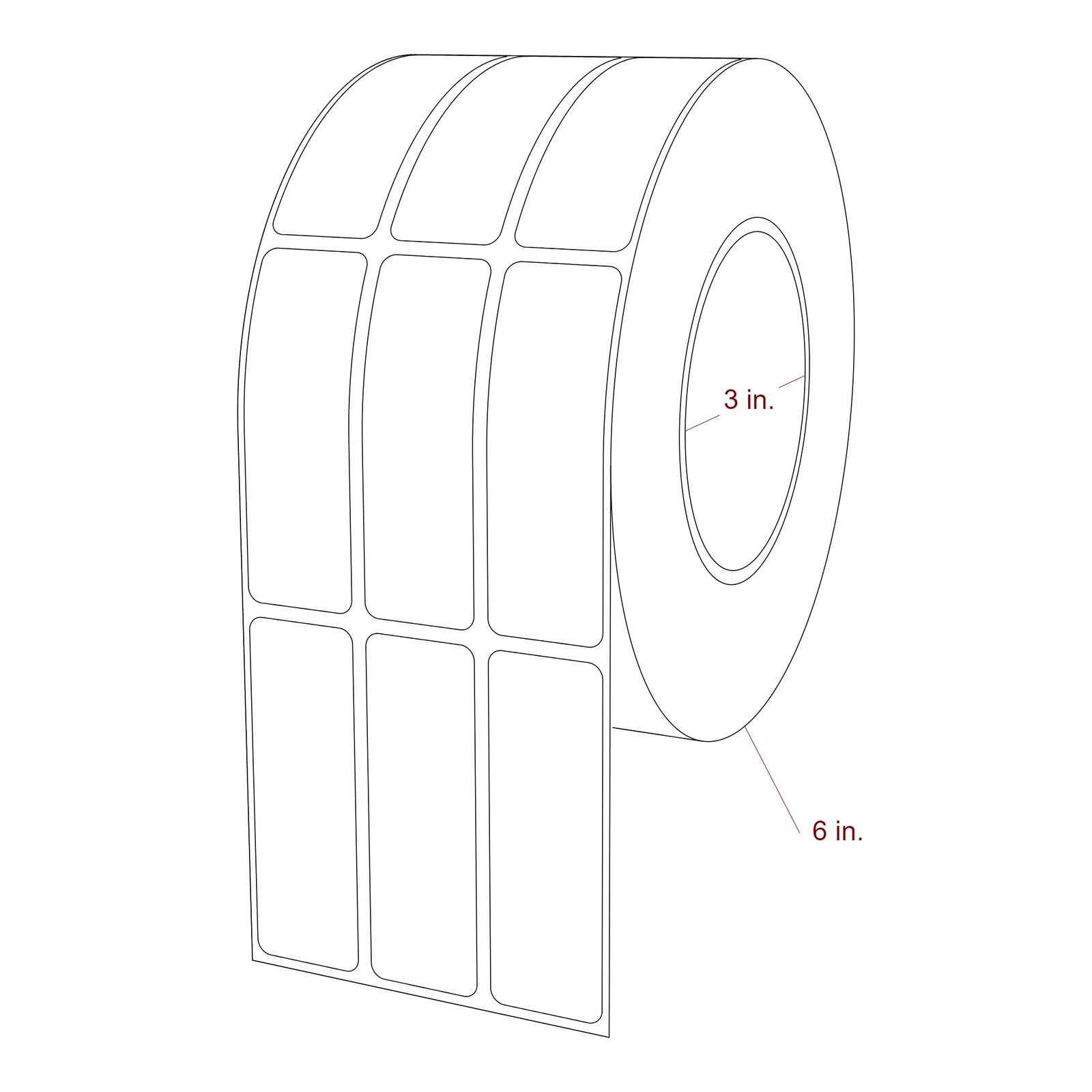 1 Inch x 3 Inch Rectangle Inkjet Label Roll - 3 Inch Core - 6 Inch Roll OD - 3Up - 3D Perspective