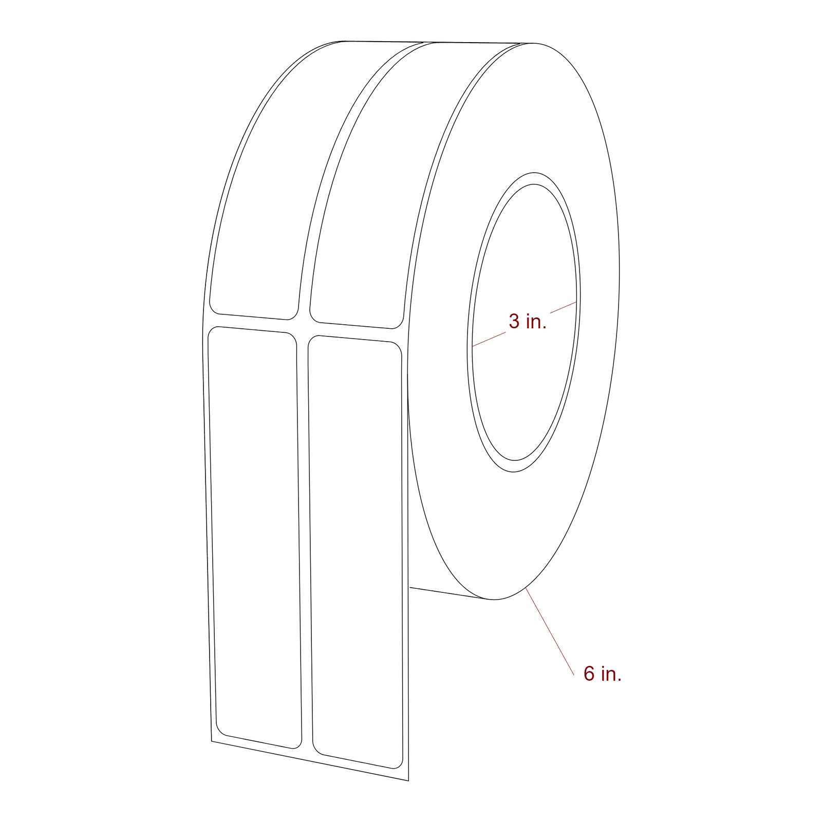 1 Inch x 4.25 Inch Rectangle Inkjet Label Roll - 3 Inch Core - 6 Inch Roll OD - 2Up - 3D Perspective