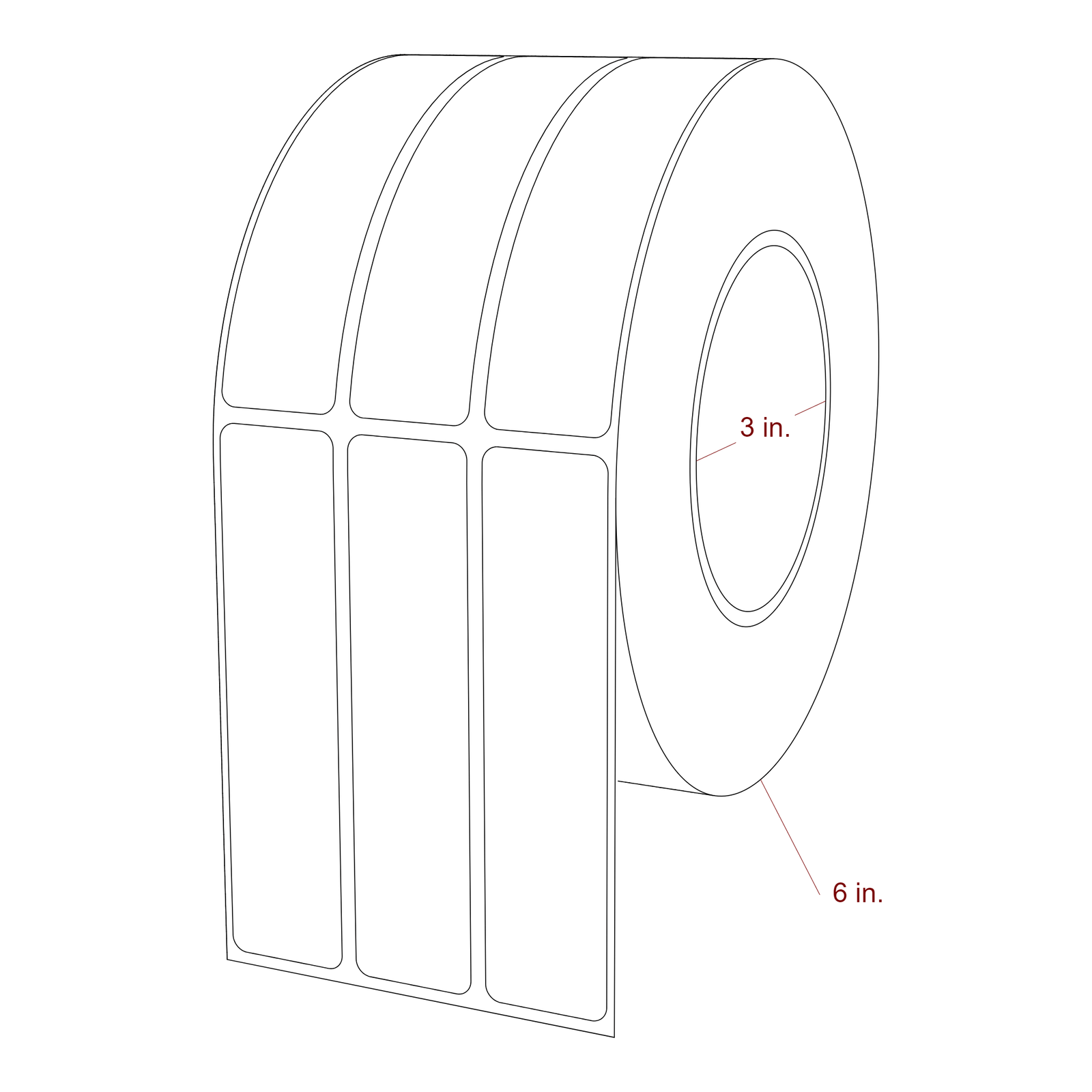 1 Inch x 4.25 Inch Rectangle Inkjet Label Roll - 3 Inch Core - 6 Inch Roll OD - 3Up - 3D Perspective