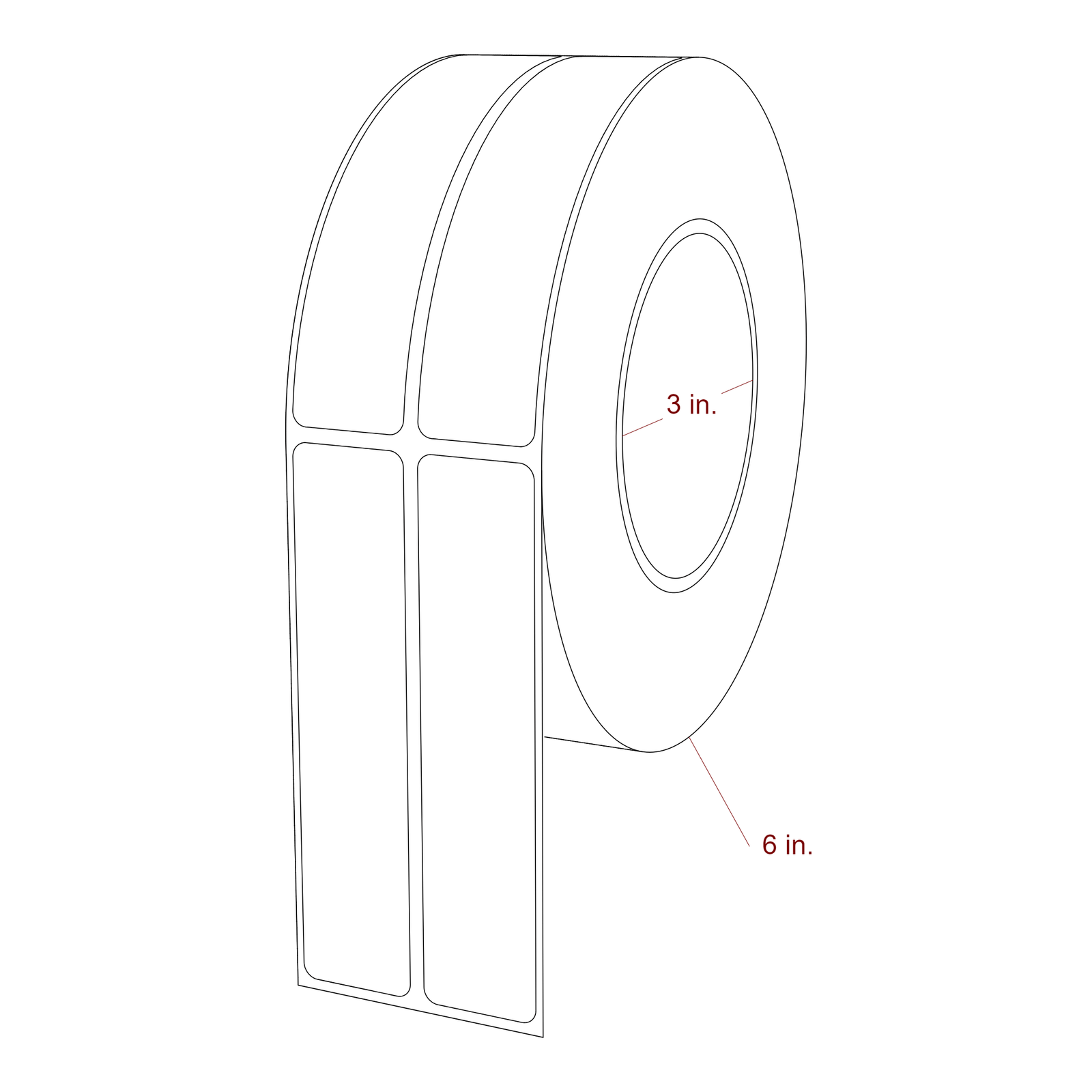1 Inch x 4.5 Inch Rectangle Inkjet Label Roll - 3 Inch Core - 6 Inch Roll OD - 2Up - 3D Perspective