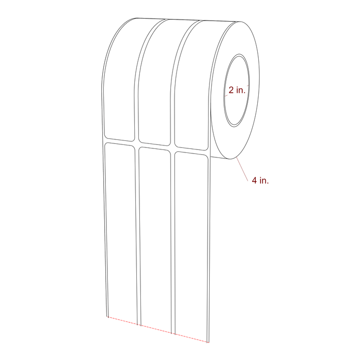 1 Inch x 4.5 Inch Rectangle Inkjet Label Roll - 2 Inch Core - 4 Inch Roll OD - 3Up - 3D Perspective