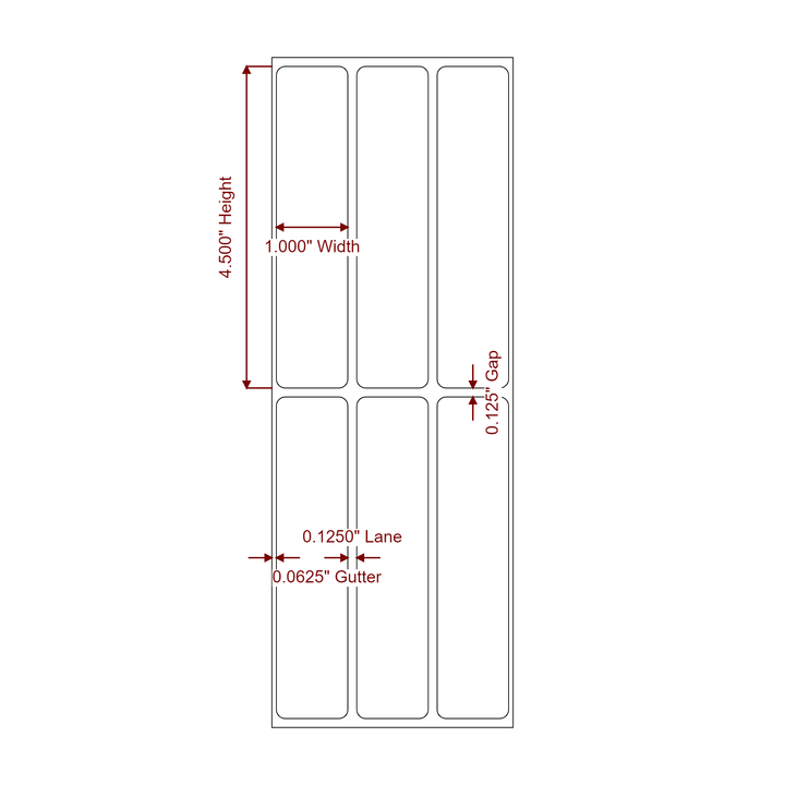 1 Inch x 4.5 Inch Rectangle Inkjet Label Roll - 3Up - 2D Drawing