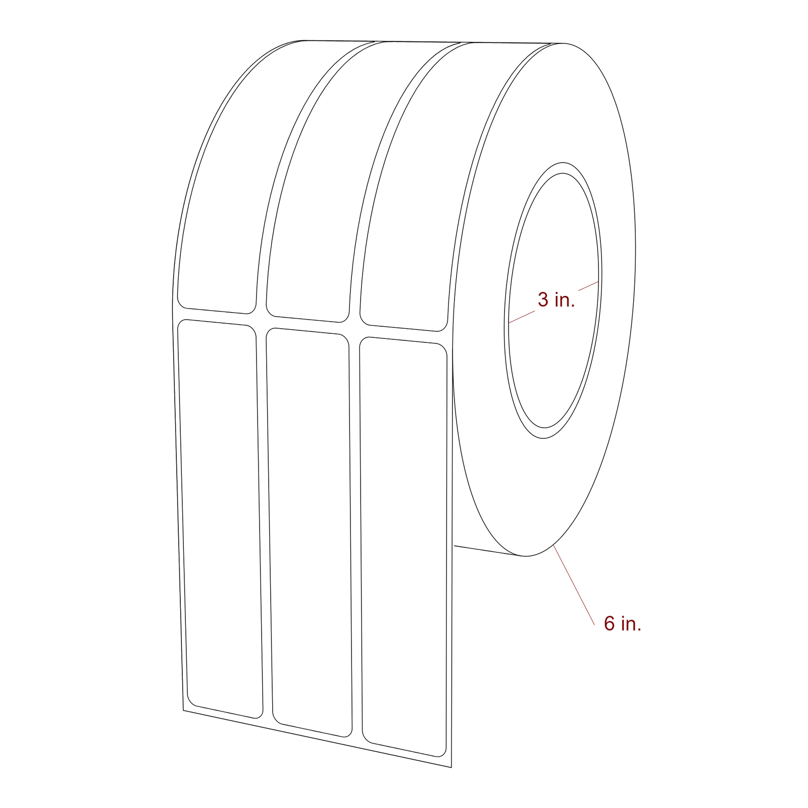 1 Inch x 4.5 Inch Rectangle Inkjet Label Roll - 3 Inch Core - 6 Inch Roll OD - 3Up - 3D Perspective