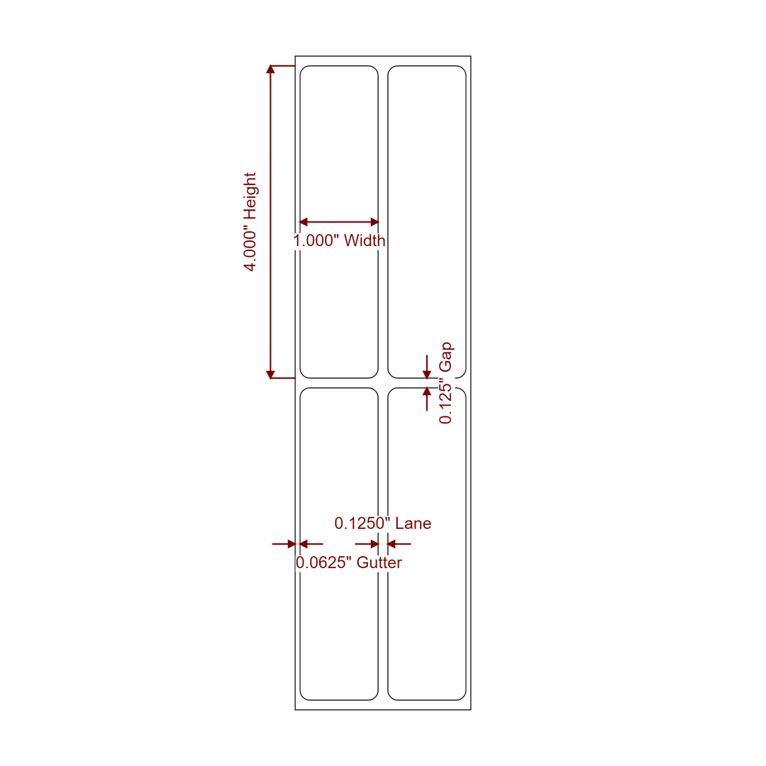 1 Inch x 4 Inch Rectangle Inkjet Label Roll - 2Up - 2D Drawing