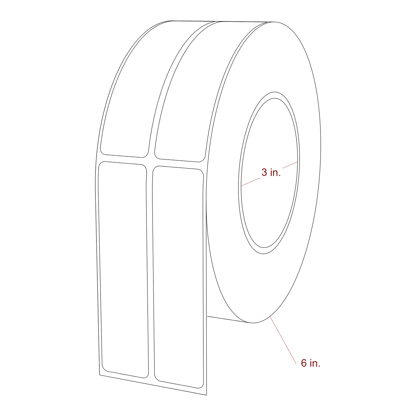 1 Inch x 4 Inch Rectangle Inkjet Label Roll - 3 Inch Core - 6 Inch Roll OD - 2Up - 3D Perspective