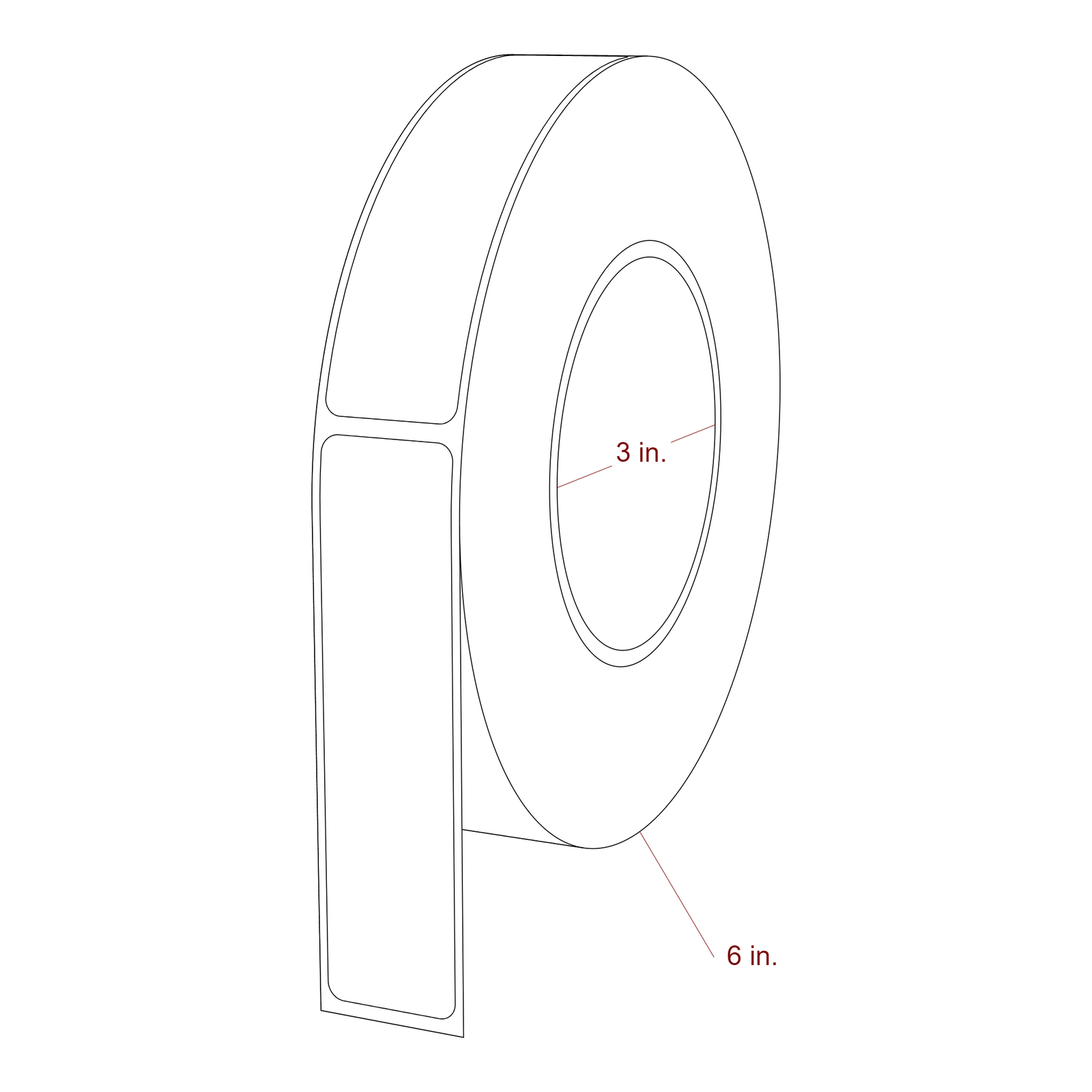 1 Inch x 4 Inch Rectangle Inkjet Label Roll - 3 Inch Core - 6 Inch Roll OD - 3D Perspective