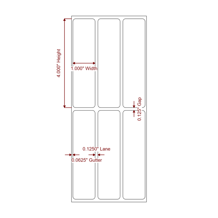 1 Inch x 4 Inch Rectangle Inkjet Label Roll - 3Up - 2D Drawing