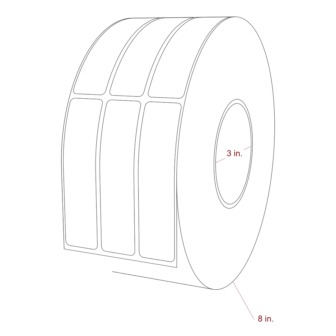 1 Inch x 4 Inch Rectangle Inkjet Label Roll - 3 Inch Core - 8 Inch Roll OD - 3Up - 3D Perspective