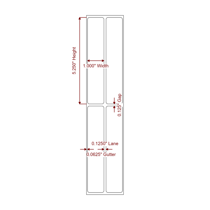 1 Inch x 5.25 Inch Rectangle Inkjet Label Roll - 2Up - 2D Drawing