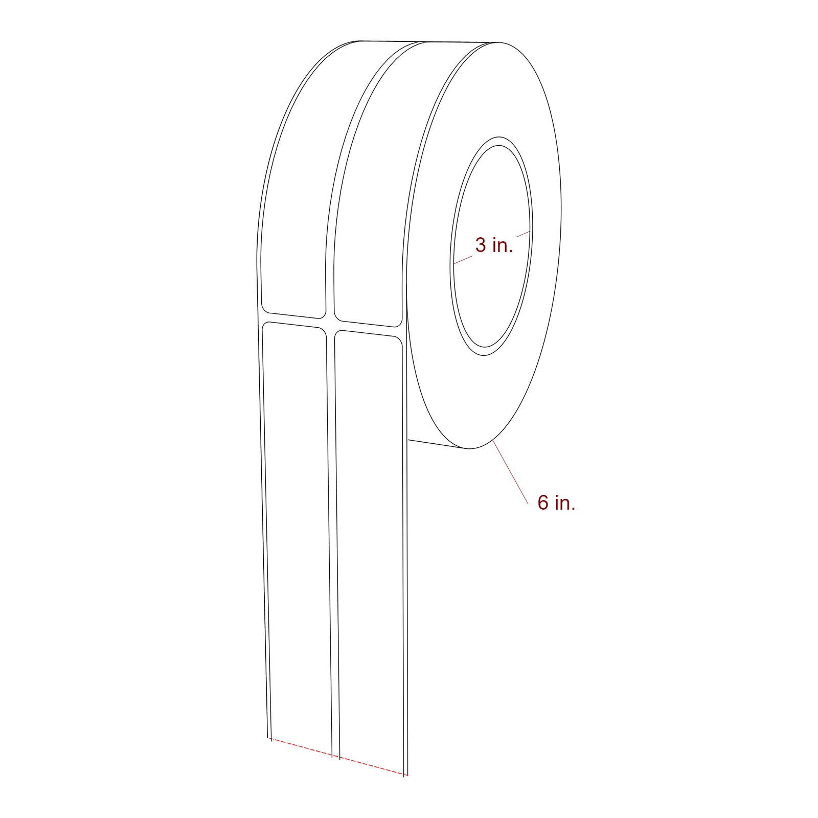 1 Inch x 5.25 Inch Rectangle Inkjet Label Roll - 3 Inch Core - 6 Inch Roll OD - 2Up - 3D Perspective