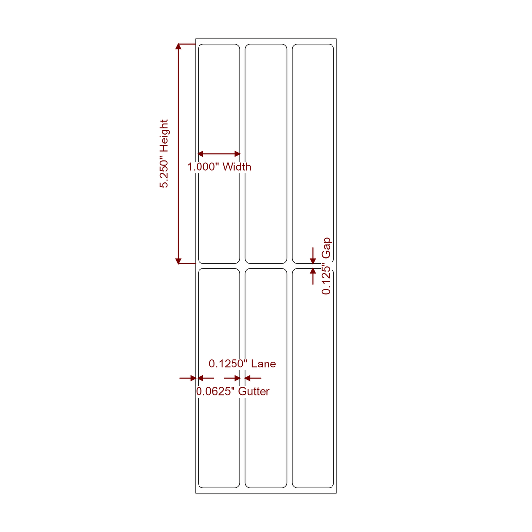 1 Inch x 5.25 Inch Rectangle Inkjet Label Roll - 3Up - 2D Drawing