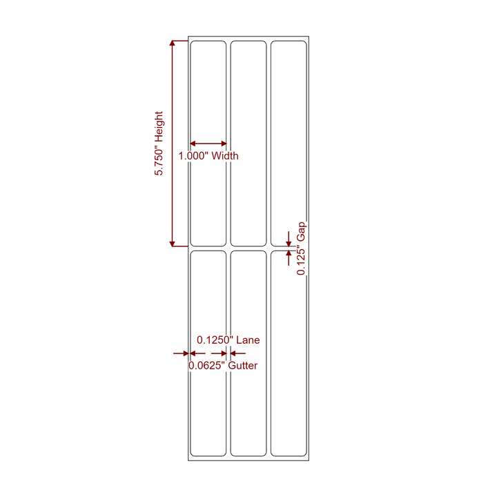 1 Inch x 5.75 Inch Rectangle Inkjet Label Roll - 3Up - 2D Drawing