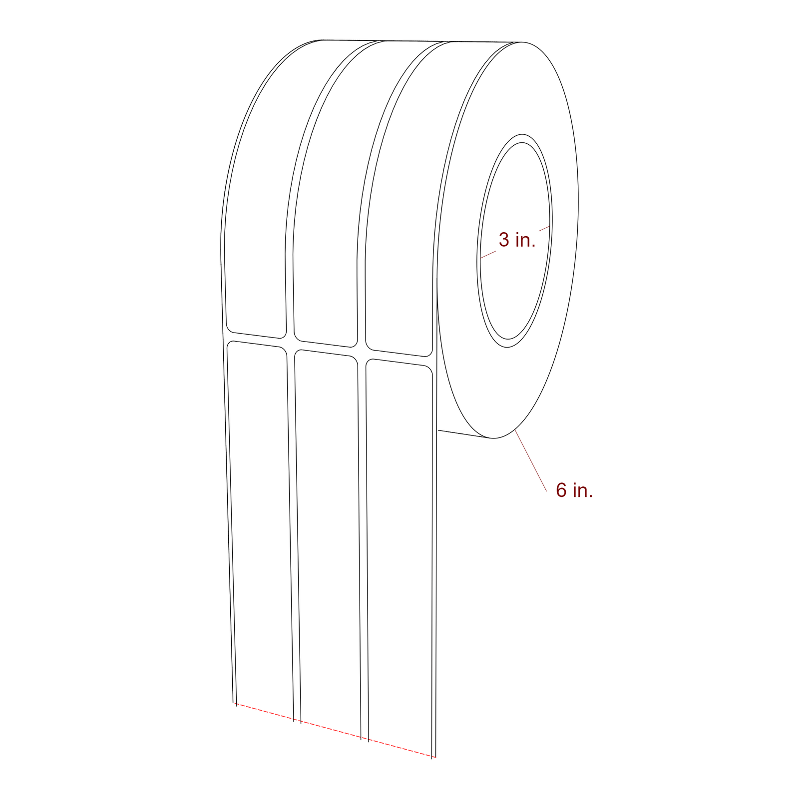 1 Inch x 5.75 Inch Rectangle Inkjet Label Roll - 3 Inch Core - 6 Inch Roll OD - 3Up - 3D Perspective