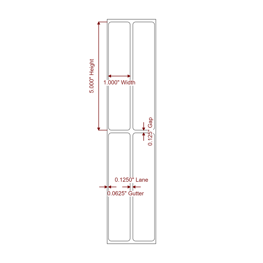 1 Inch x 5 Inch Rectangle Inkjet Label Roll - 2Up - 2D Drawing