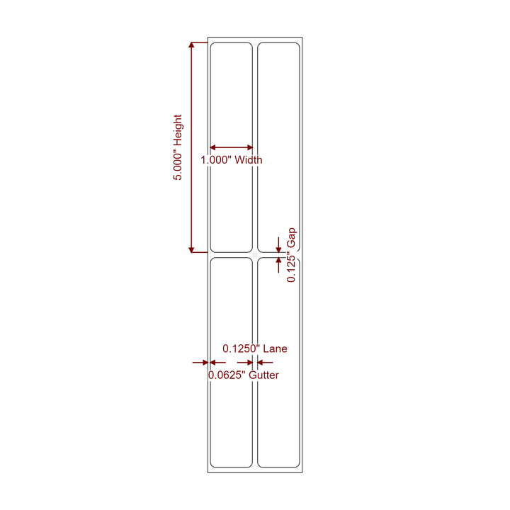 1 Inch x 5 Inch Rectangle Inkjet Label Roll - 2Up - 2D Drawing