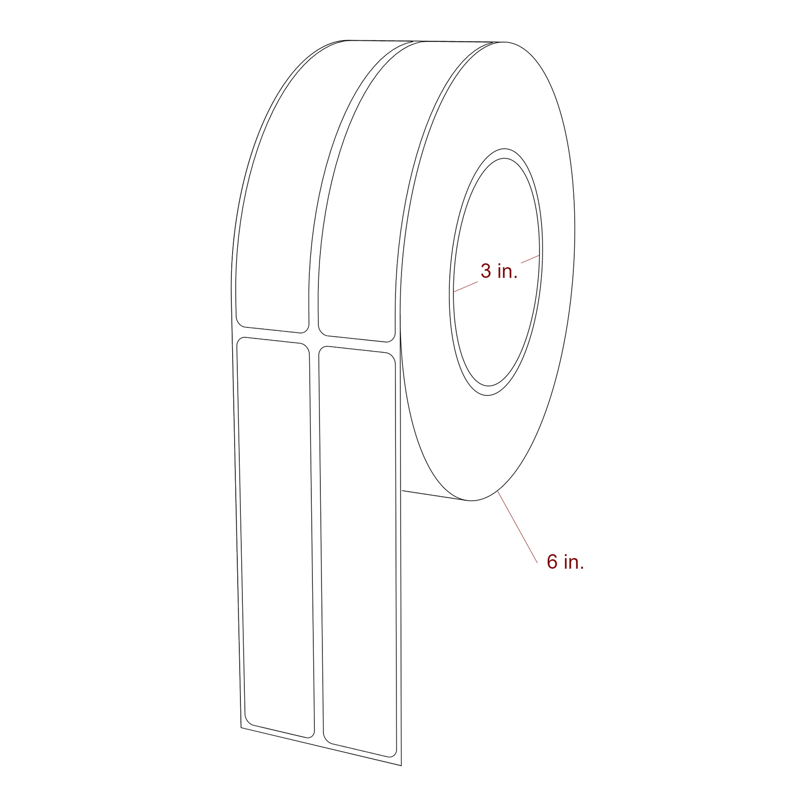 1 Inch x 5 Inch Rectangle Inkjet Label Roll - 3 Inch Core - 6 Inch Roll OD - 2Up - 3D Perspective