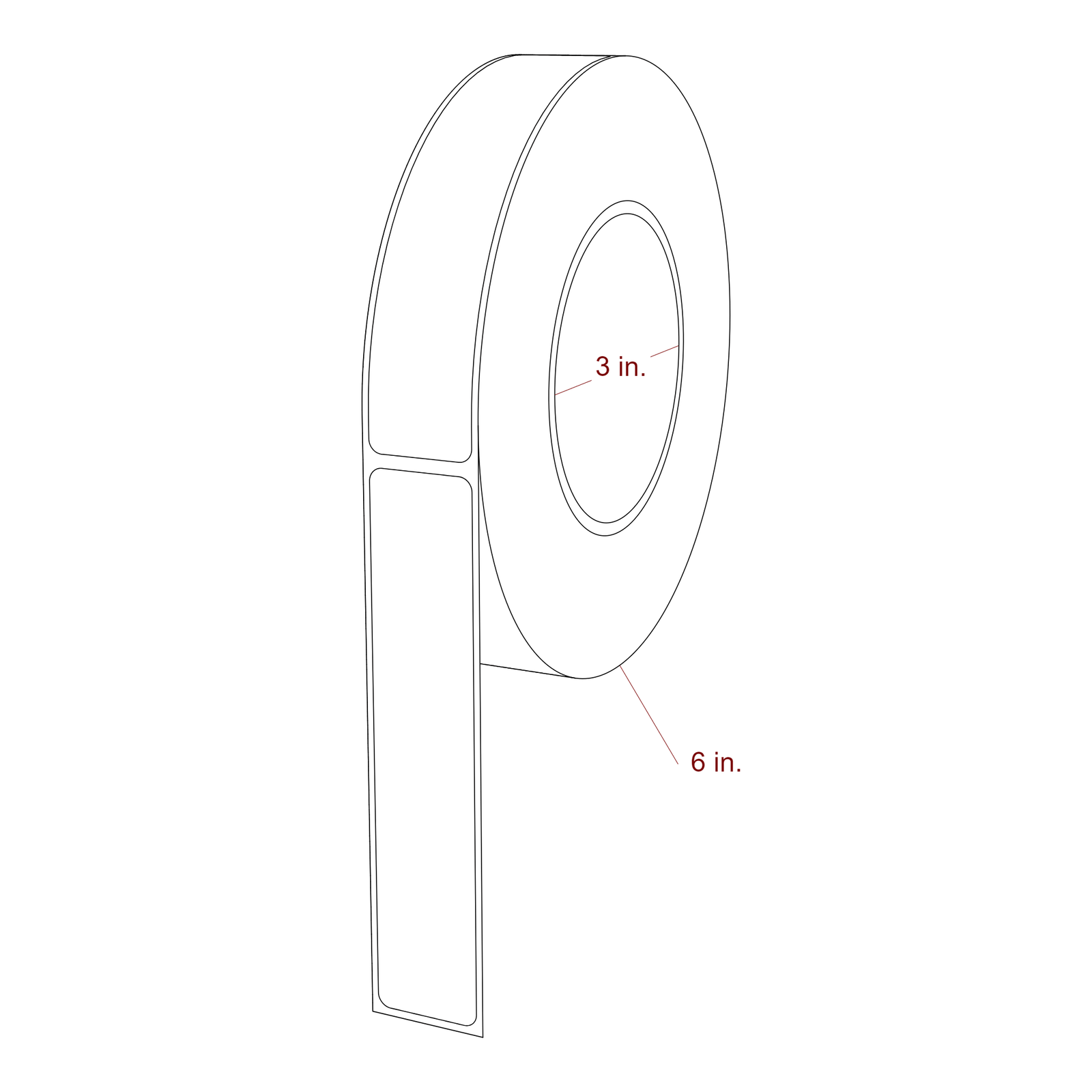1 Inch x 5 Inch Rectangle Inkjet Label Roll - 3 Inch Core - 6 Inch Roll OD - 3D Perspective