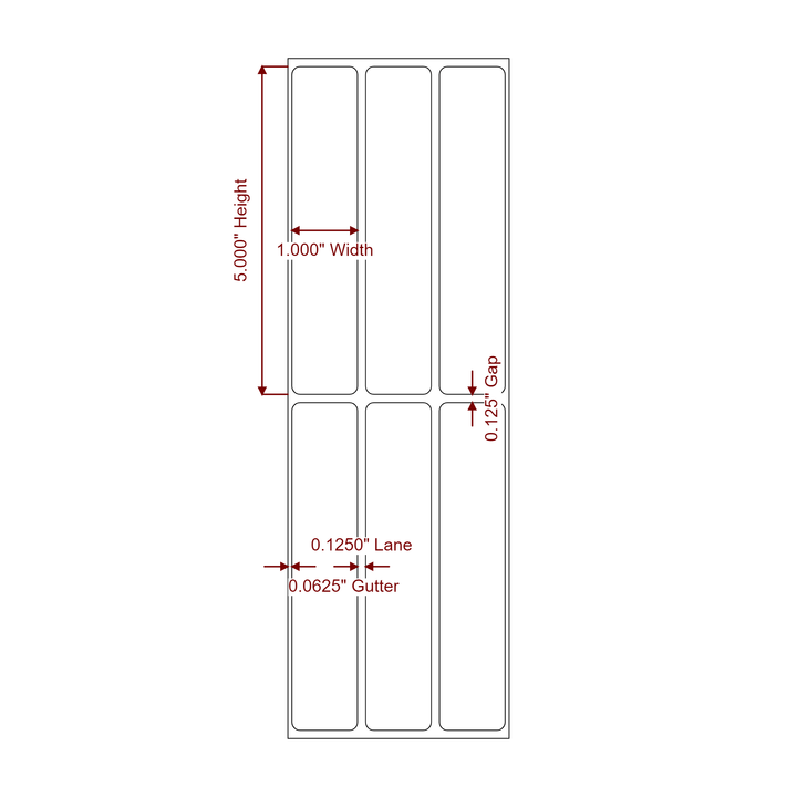 1 Inch x 5 Inch Rectangle Inkjet Label Roll - 3Up - 2D Drawing