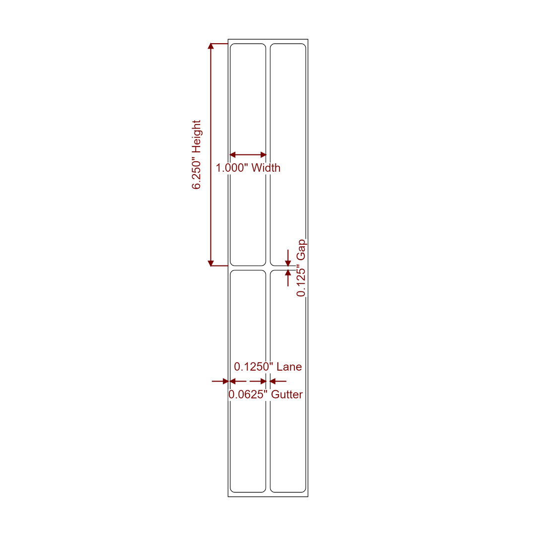 1 Inch x 6.25 Inch Rectangle Inkjet Label Roll - 2Up - 2D Drawing