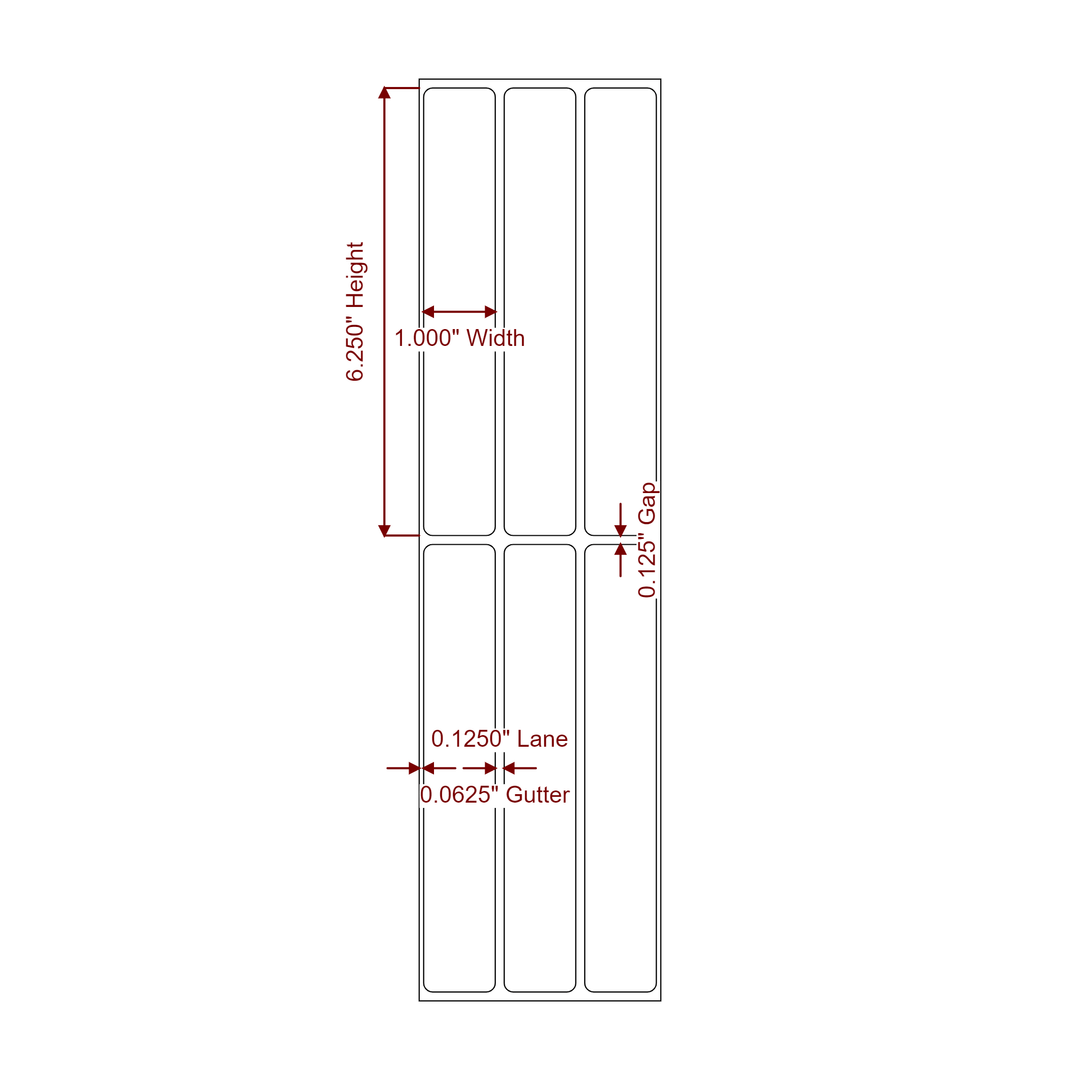 1 Inch x 6.25 Inch Rectangle Inkjet Label Roll - 3Up - 2D Drawing