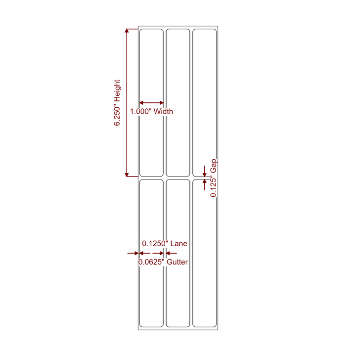 1 Inch x 6.25 Inch Rectangle Inkjet Label Roll - 3Up - 2D Drawing