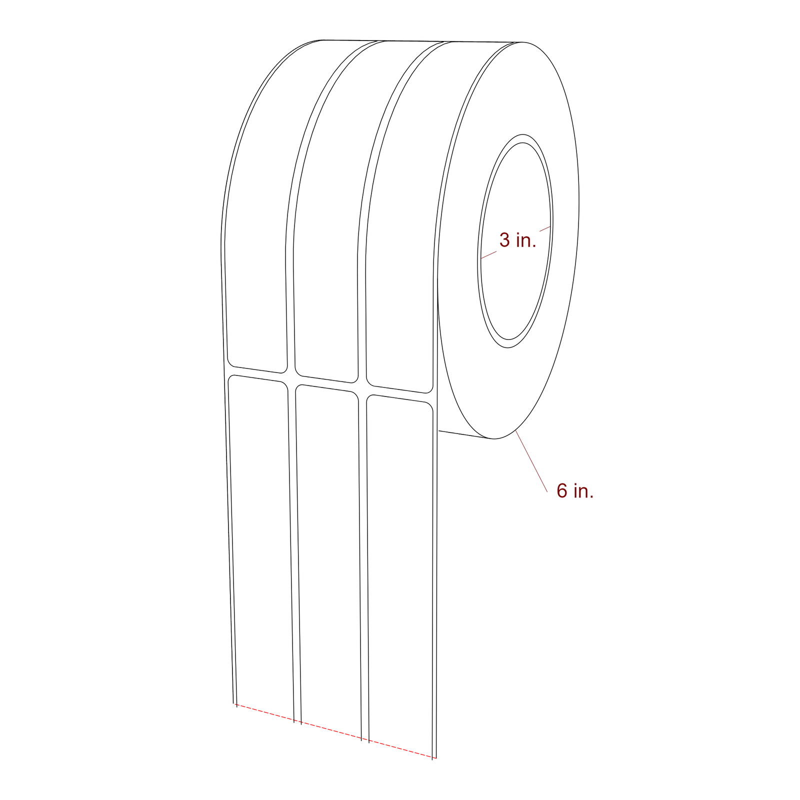 1 Inch x 6.25 Inch Rectangle Inkjet Label Roll - 3 Inch Core - 6 Inch Roll OD - 3Up - 3D Perspective
