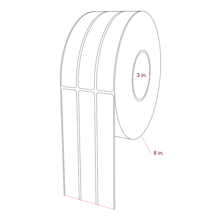 1 Inch x 6.25 Inch Rectangle Inkjet Label Roll - 3 Inch Core - 8 Inch Roll OD - 3Up - 3D Perspective