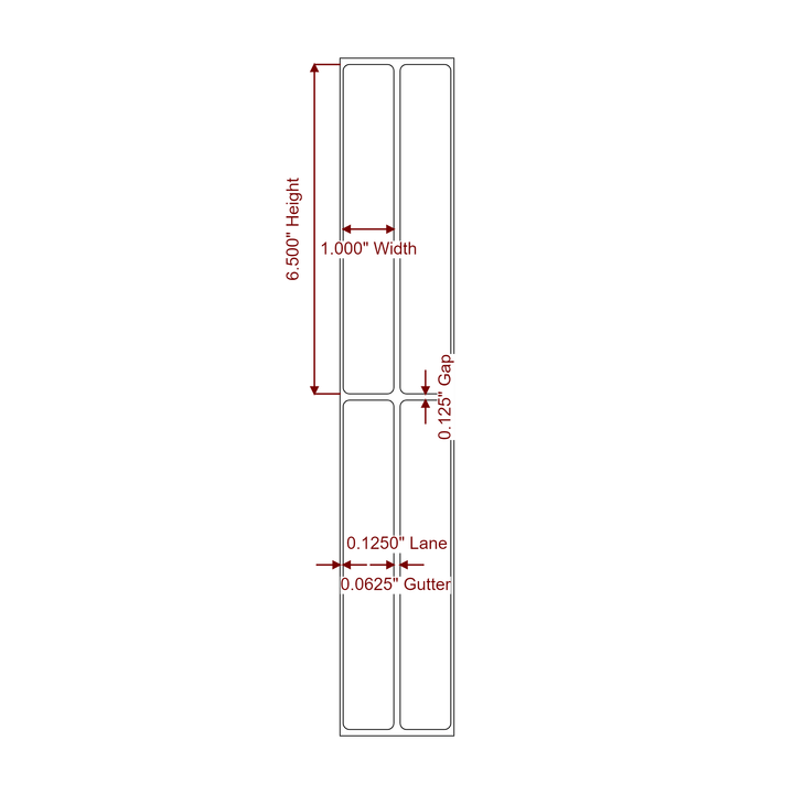 1 Inch x 6.5 Inch Rectangle Inkjet Label Roll - 2Up - 2D Drawing